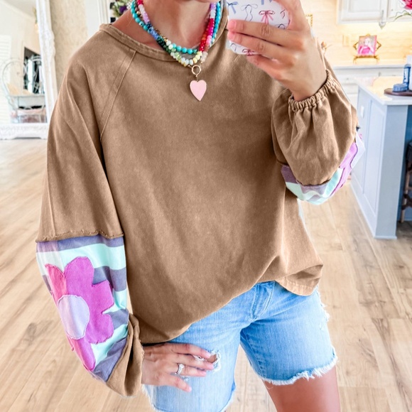 Tops - B198 Dune Flower Patchwork Raglan Sleeve Exposed Seam Oversized Top